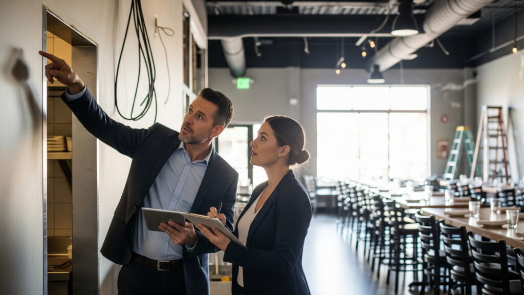Two people doing a restaurant inspection
