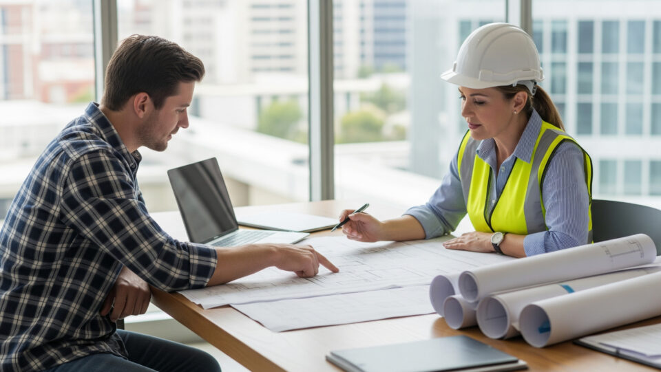 A customer obtaining building plans in an office