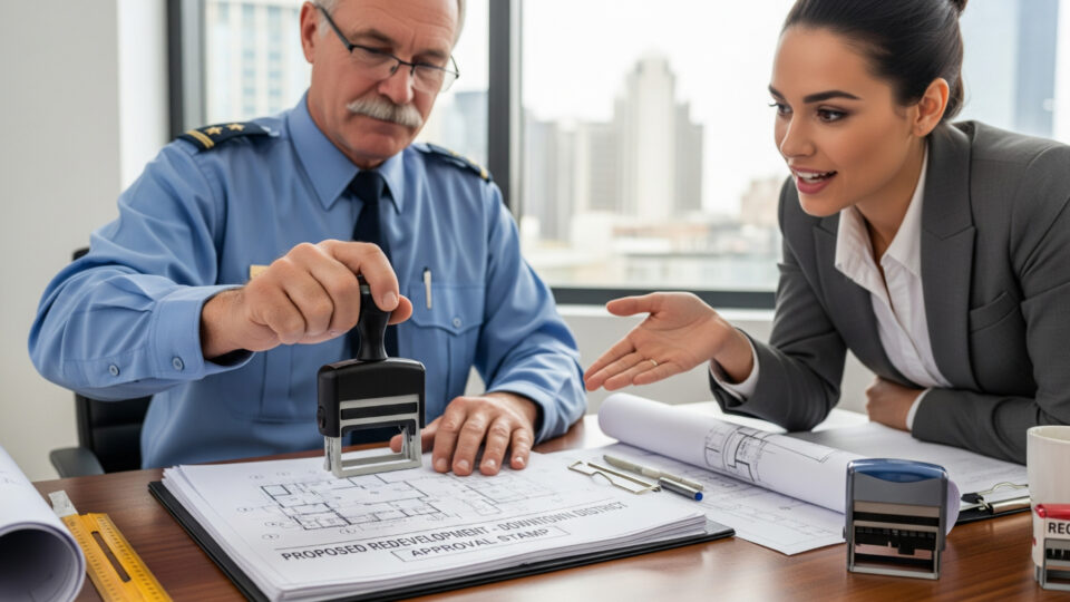 A building clerk and customer receiving approval stamps on building plans