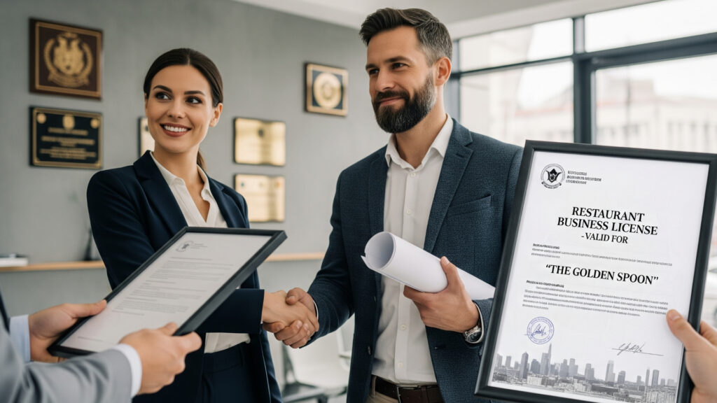 Application for Business License A businessman receiving a business license at a law firm