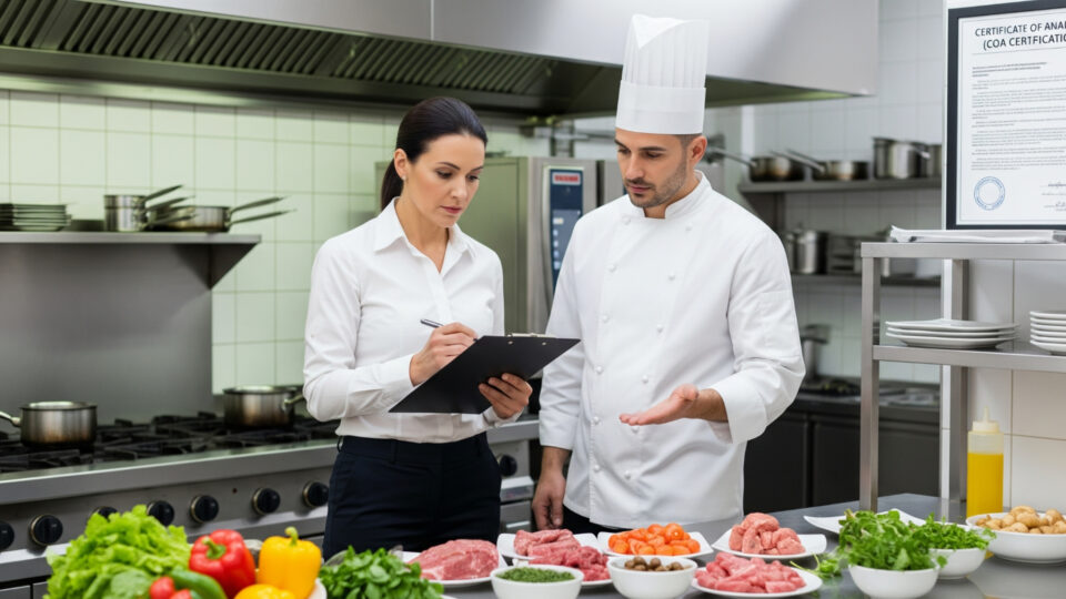 A health inspector and a chef in a restaurant kitchen doing a health inspection