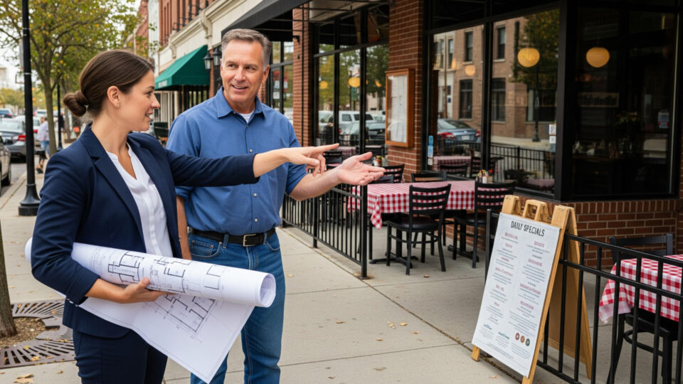 A council member and restaurant owner doing a sidewalk inspection