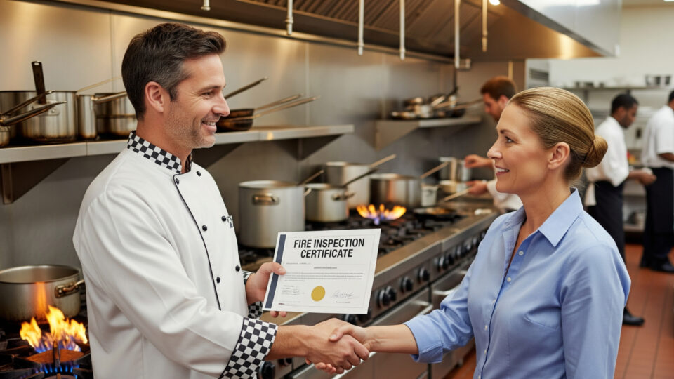 A fire inspector giving a certificate for a restaurant