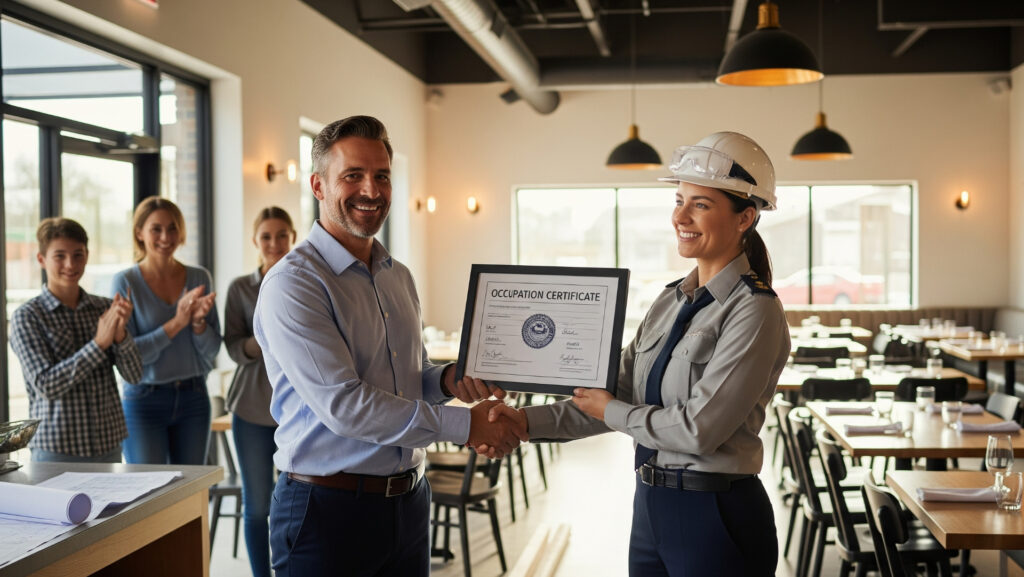 Application for Occupation Certificate A restaurant owner being awarded an occupation certificate