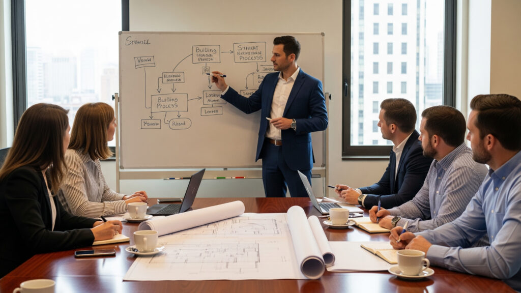 Pre-Scrutiny Plans Five business people at a boardroom table going through plans