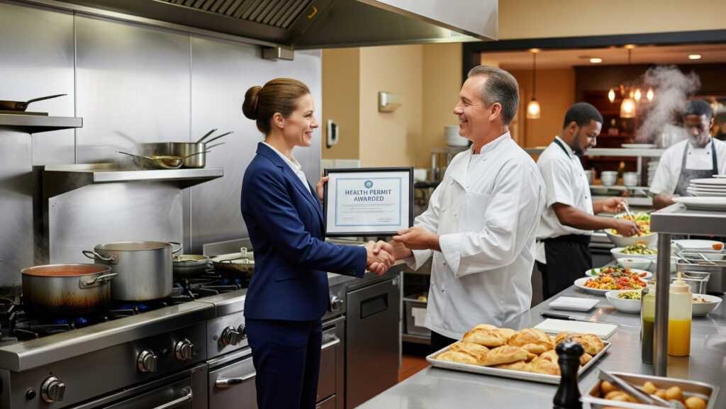 A public official awarding a health certificate in a restaurant kitchen