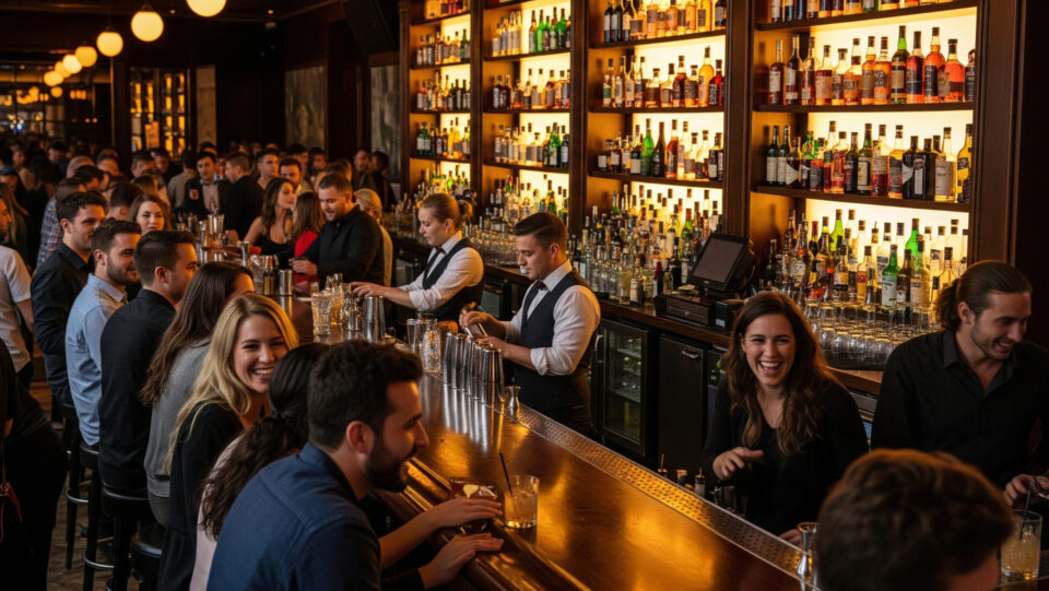 People sitting behind a bar socialising